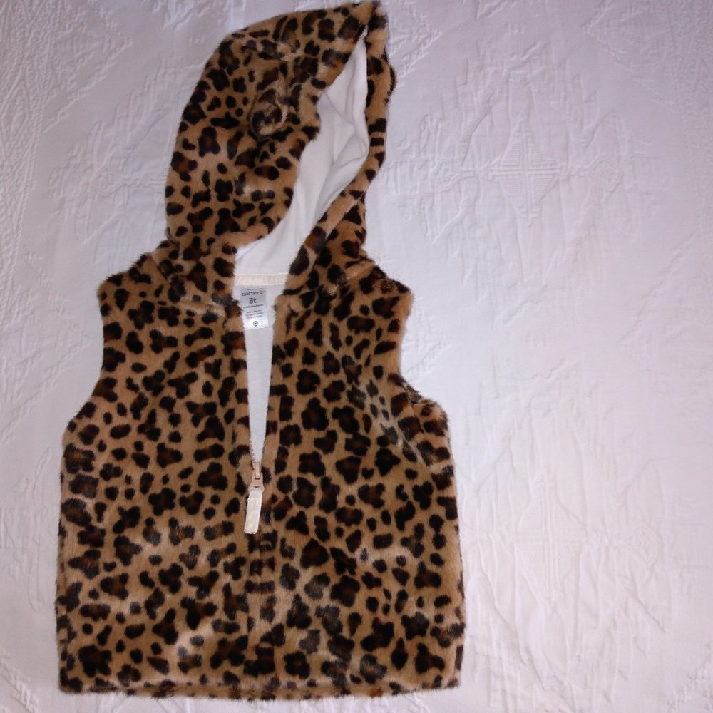 Kids Leopard Print Faux Fur Hooded Vest - Brown